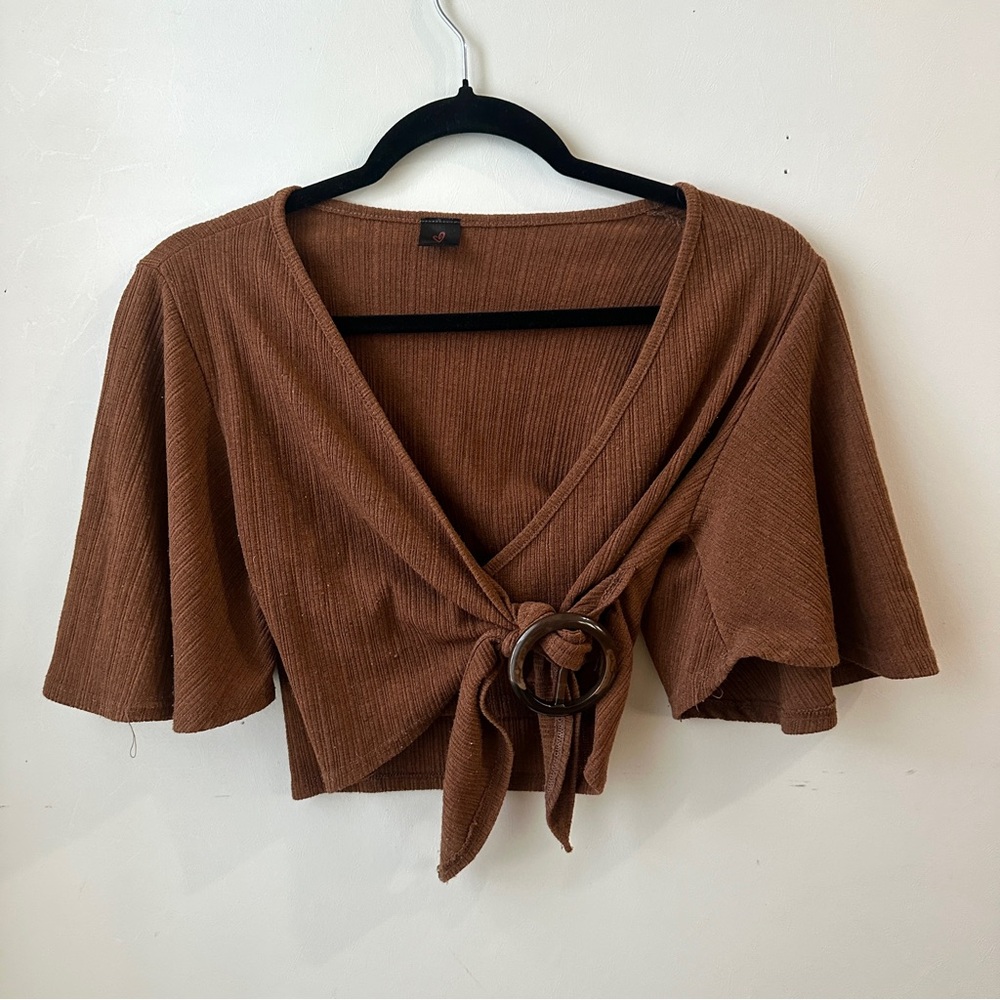 Brown Ribbed Tie-Front Crop Top
